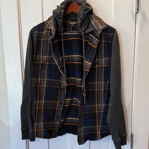 Express Men's Navy and Mustard Plaid Mix Media Button Down with Hoodie